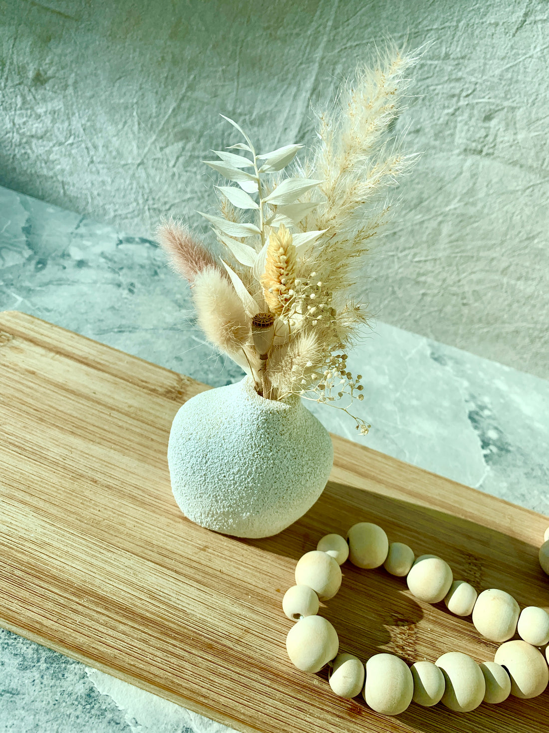 Scandi vase and Dried Flowers with Wooden Board and Beads