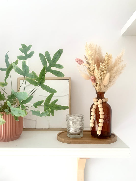 Amber Vase Set - Amber Bottle Vase, Neutral and Pink Dried Flowers, Pressed Glass Tea light holder