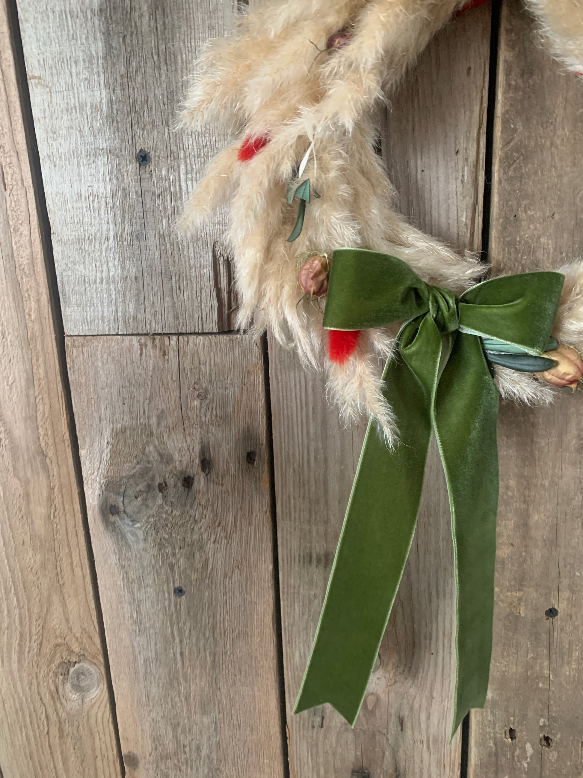 Olive green velvet ribbon dried flower wreath