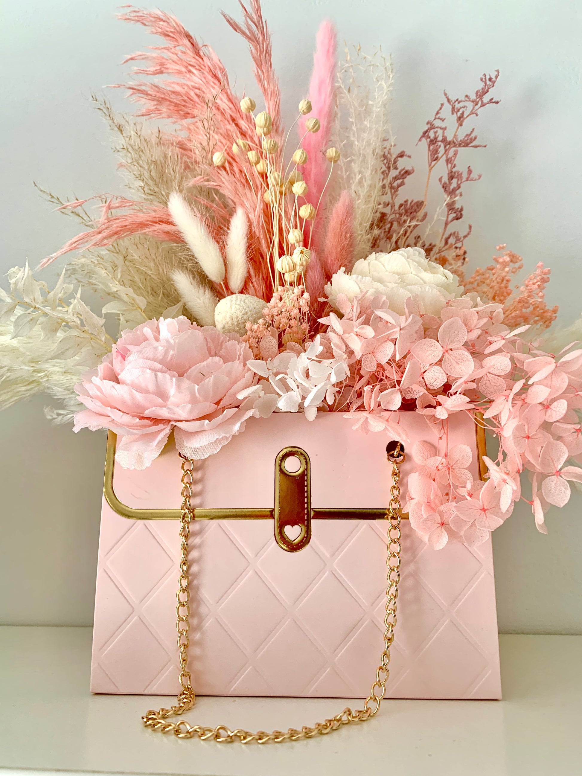 Pink and White Handbag Flower Arrangement