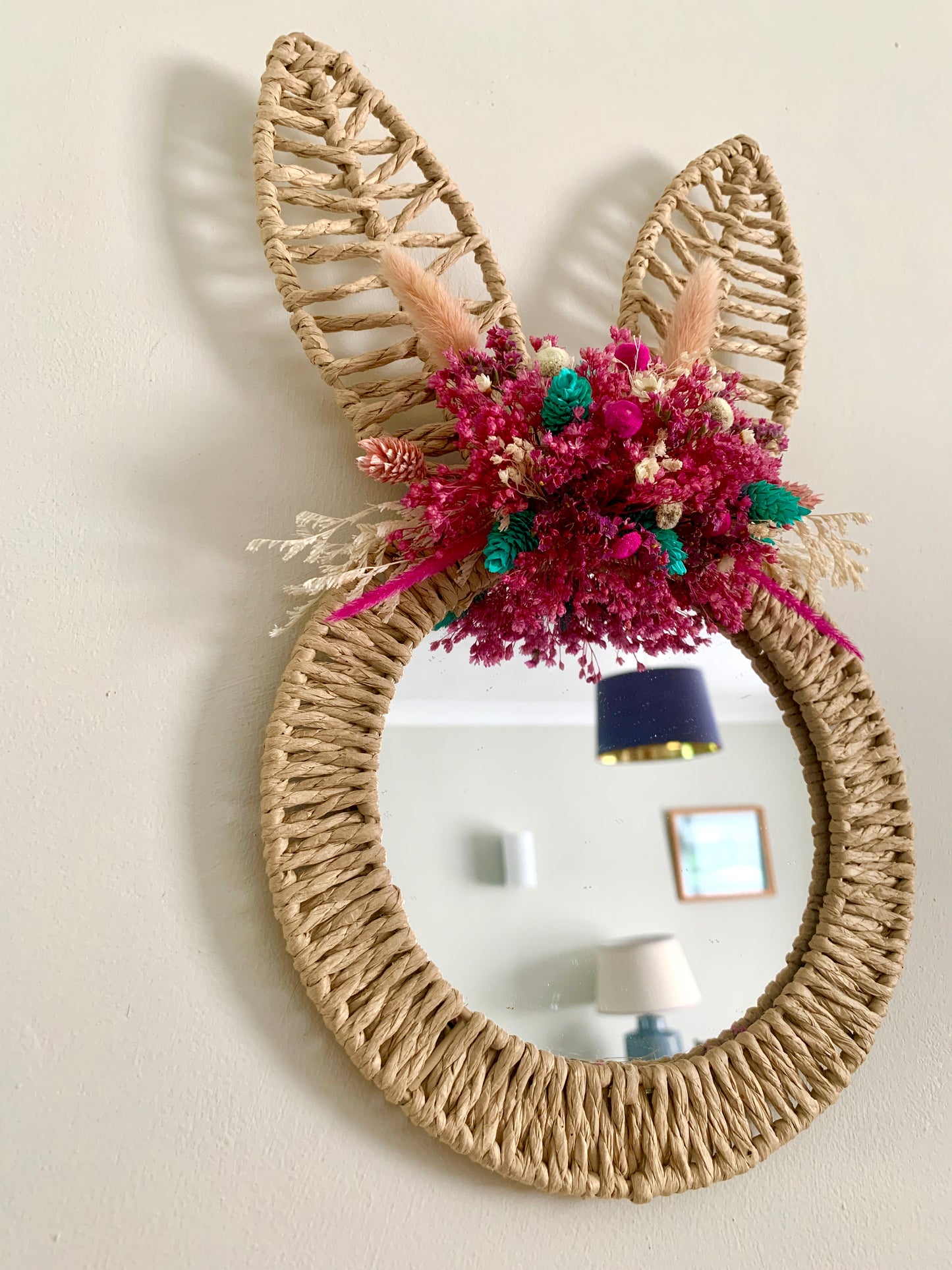 Rattan and Dried Flower Rabbit Mirror