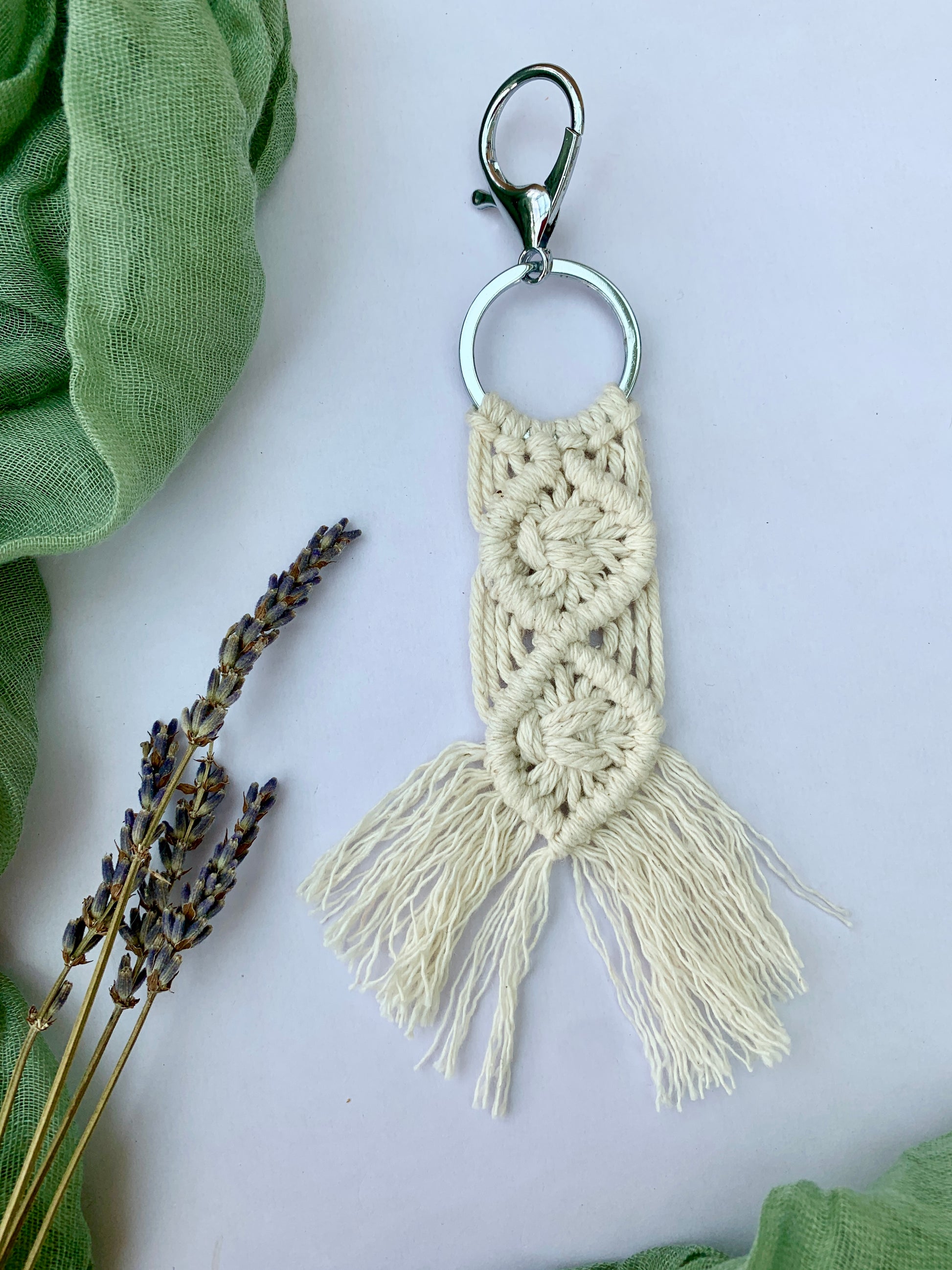 White Macrame Key Ring