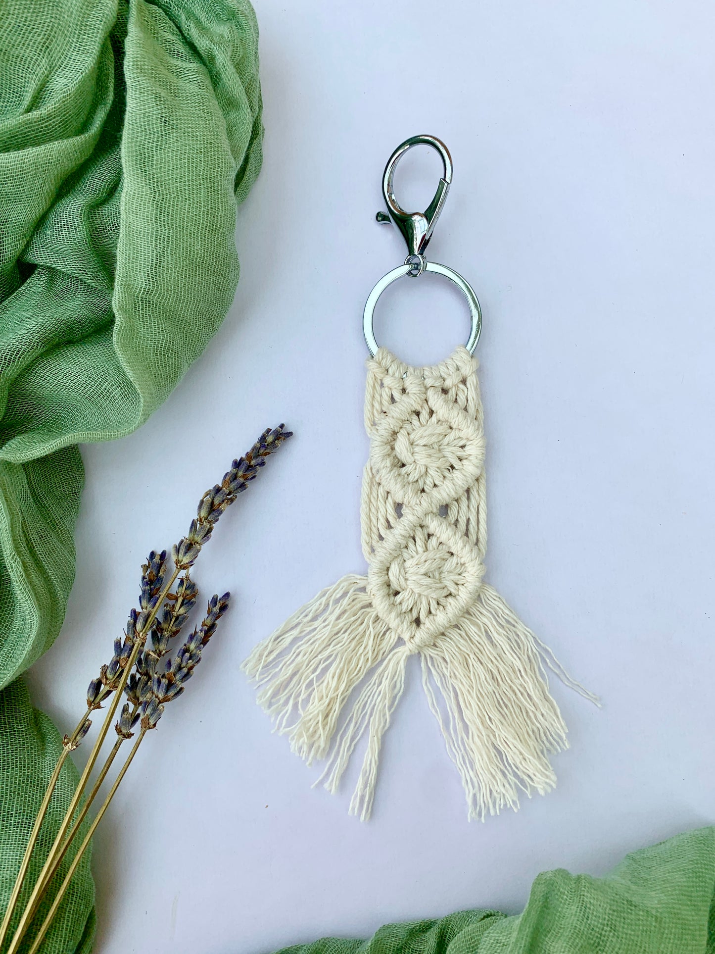 White Macrame Keyring